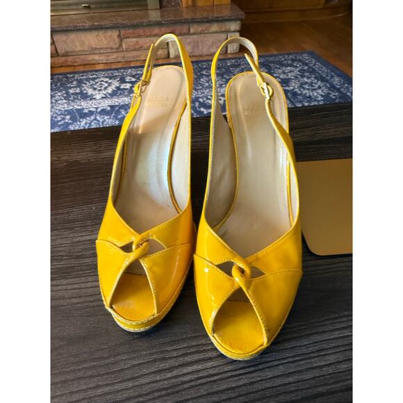 Vintage Stuart Weitzman Yellow Patent Leather Peep Toe Slingback Wedges Sz. 9 - Picture 1 of 8